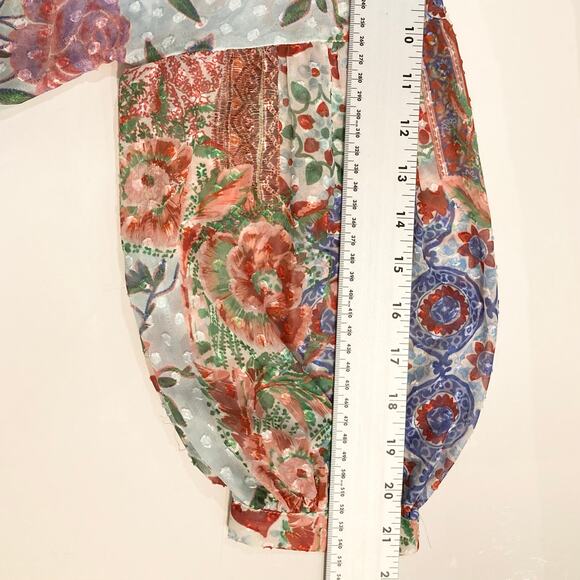 NWOT ZARA Top S Patchwork Jacquard Floral Print Chiffon Ruffle V Balloon-Long-Sl - Picture 12 of 12